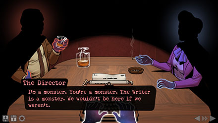 Screenshot of two mysterious figures in business dress sitting in a shadowed room. Their skin is for some reason made of swirling cosmic energy. A man holding a whiskey glass named The Director says: I'm a monster. You're a monster. The Writer is a monster. We wouldn't be here if we weren't.